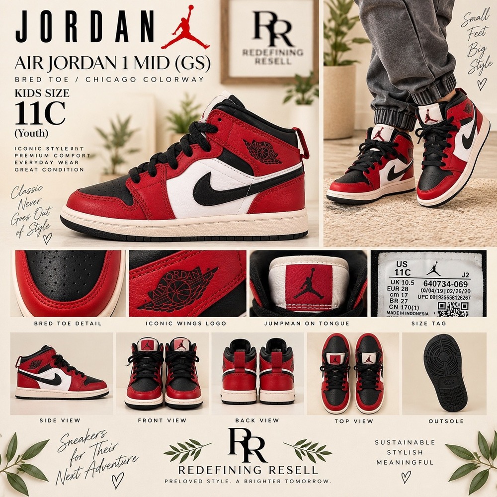 Nike Air Jordan 1 Mid GS Bred Toe Chicago Red Black White 640734-069 Kids 11C